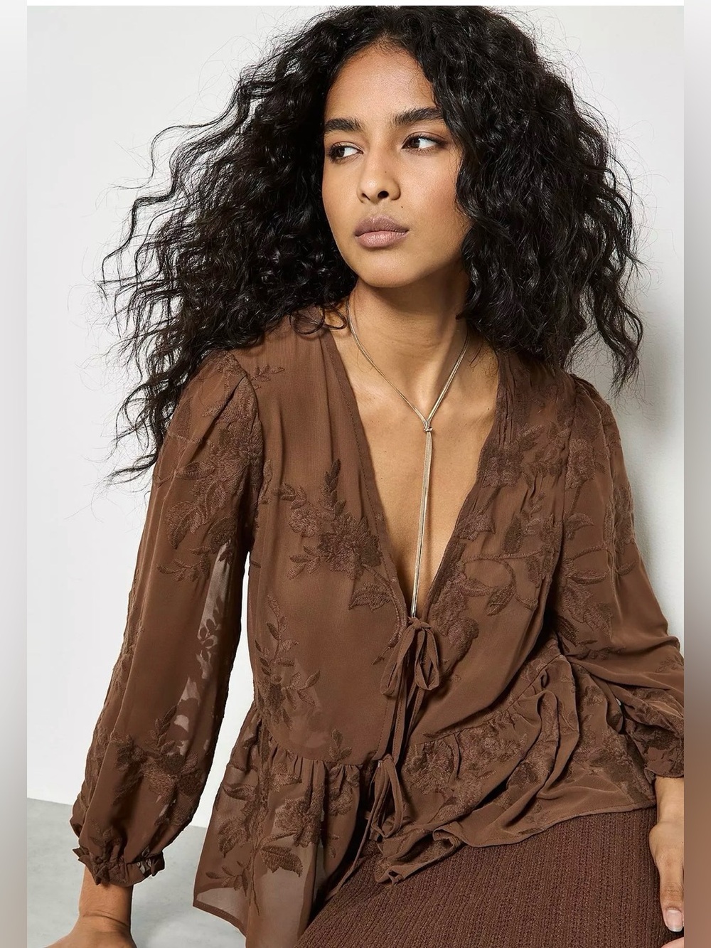 APRICOT 🍑 Embroidered Chiffon Peplum Top Tie-Front - Picture 6 of 7